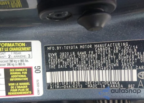 2014 Toyota Corolla Le z USA, uszkodzony, nr VIN 2T1BURHE3EC148531